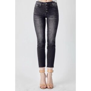 Risen 15/32 Mid Rise Button Fly Skinny Jeans Stretch Raw Cut Ankle Length Dark